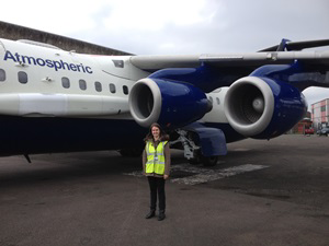 Kate outside FAAM aircraft, ready for take-off